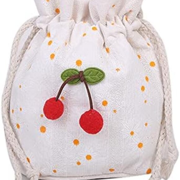 Cherry Embroidered Handbag Women's Canvas Shoulder Bag Summer Stylish Drawstring - Picture 1 of 6